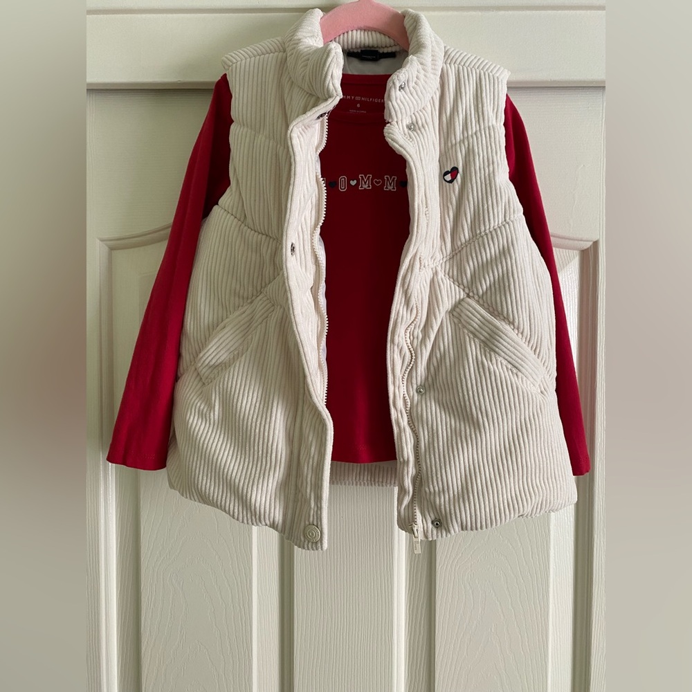 Girls Tommy Hilfiger Cream Corduroy Puffer Vest with Red Layered Top